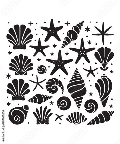 Sea shells starfish silhouette vector illustration, Starfish icon collection. 