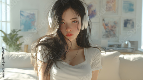 Young Woman with Headphones in a Bright and Airy Living Room Free Download Young Woman with Headphones in a Bright and Airy Living Room - GFXLoad