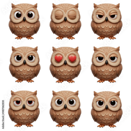 Set of cartoon owls with different expressions on black background