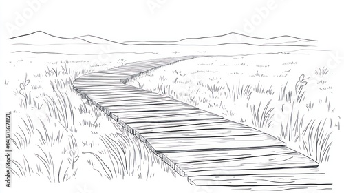 Wallpaper Mural Serpentine wooden path through grassland landscape Torontodigital.ca