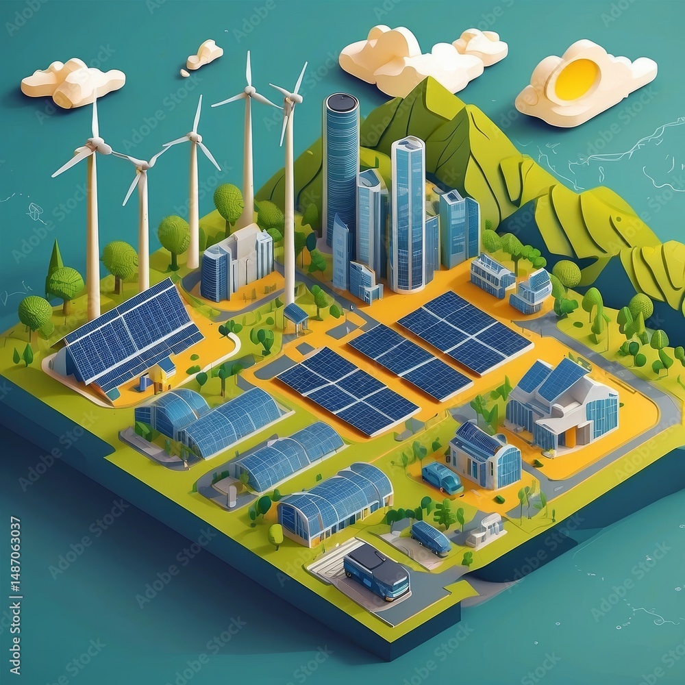 Obraz premium Sustainable Smart City: Isometric Vector with Renewable Energy