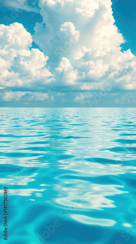 Serene ocean view with calm turquoise waters stretching to the horizon. Above, fluffy white cumulus clouds billow dramatically against a bright blue sky, creating a peaceful, tropical seascape.