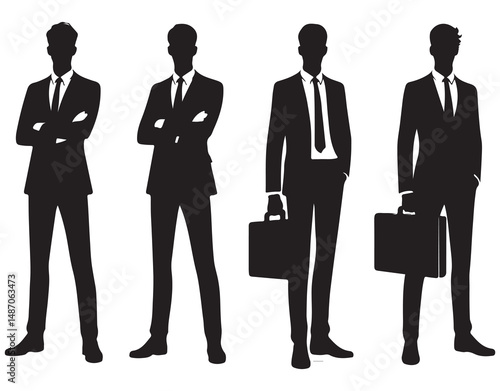Professional Business People Silhouette Vector Set Featuring Male and Female Executives in Standing Poses with Briefcases – Ideal for Corporate, Office, Teamwork, and Leadership Concepts