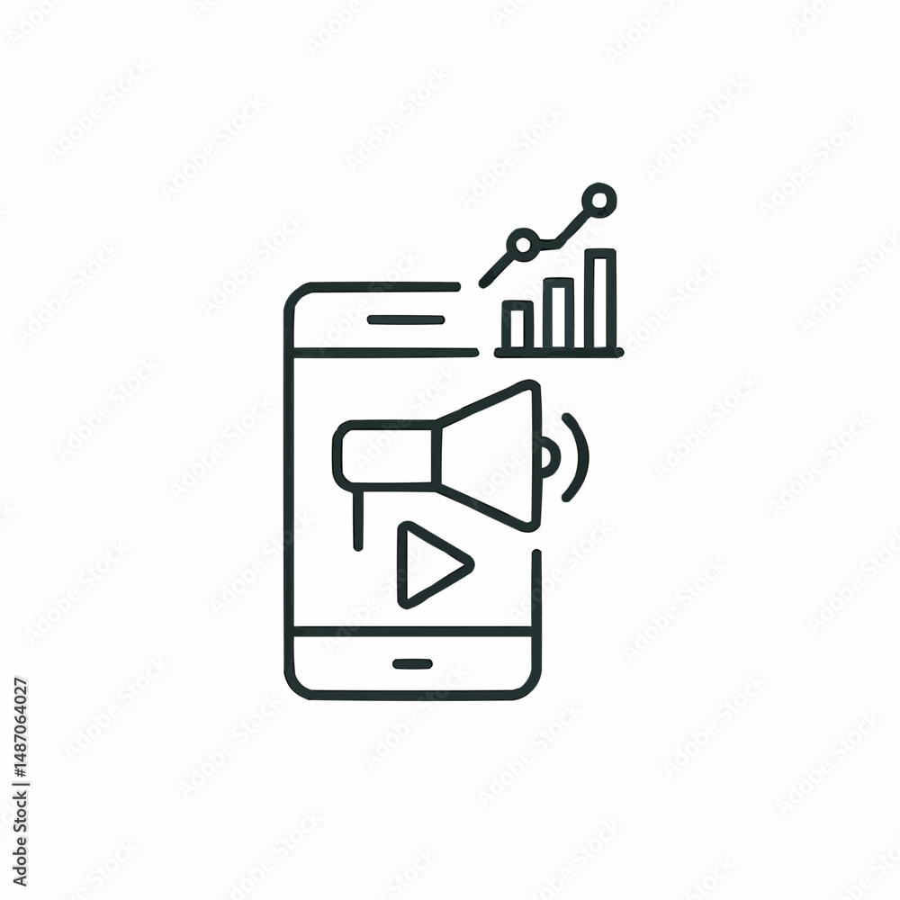 Outlined mobile phone with a play button and stats above — representing video ad analytics. Outlined mobile phone with a play button and stats above — representing video ad analytics.