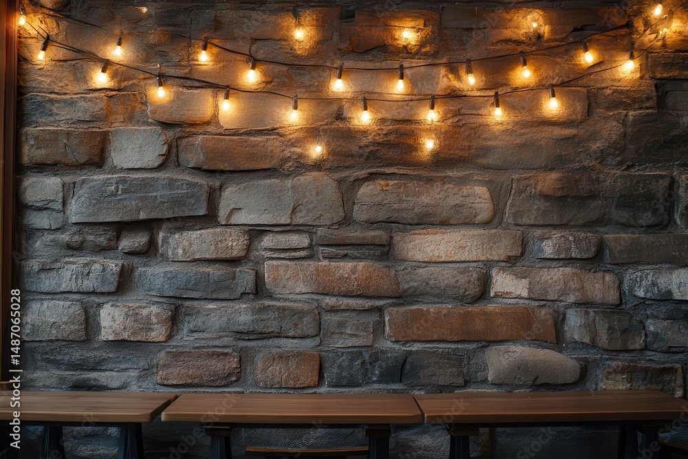 Naklejka premium Stone wall and wood tables with string lights background. Perfect for rustic, food or bar related ads.