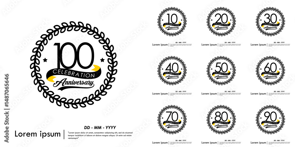 Obraz premium Set of 10-100th years anniversary celebration emblem. congratulation anniversary logo medal isolated with laurel wreath and ribbon on white background. vector illustration template design