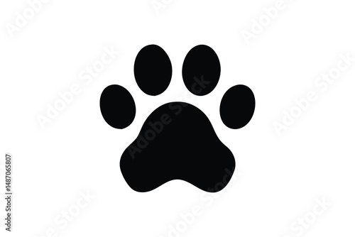 Black animal paw print with four toes and pad, isolated on white background, representing pets, wildlife, tracking, or veterinary design in simple vector style.

