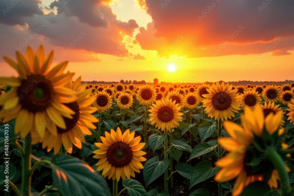 Fototapeta premium Sun-kissed sunflowers blaze against fiery sunset sky Vast field stretches to the horizon , orange, rays