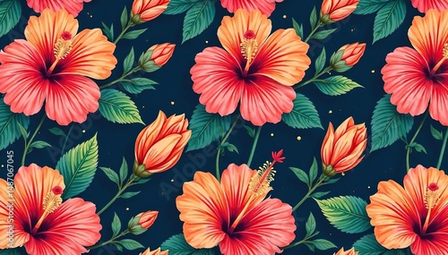 Stylized hibiscus blossom repeating pattern, bold lines and shapes , fabric, graphic, illustration