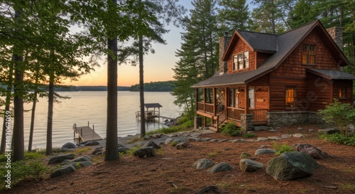 Rustic Log Cabin by a Tranquil Lake at Sunset