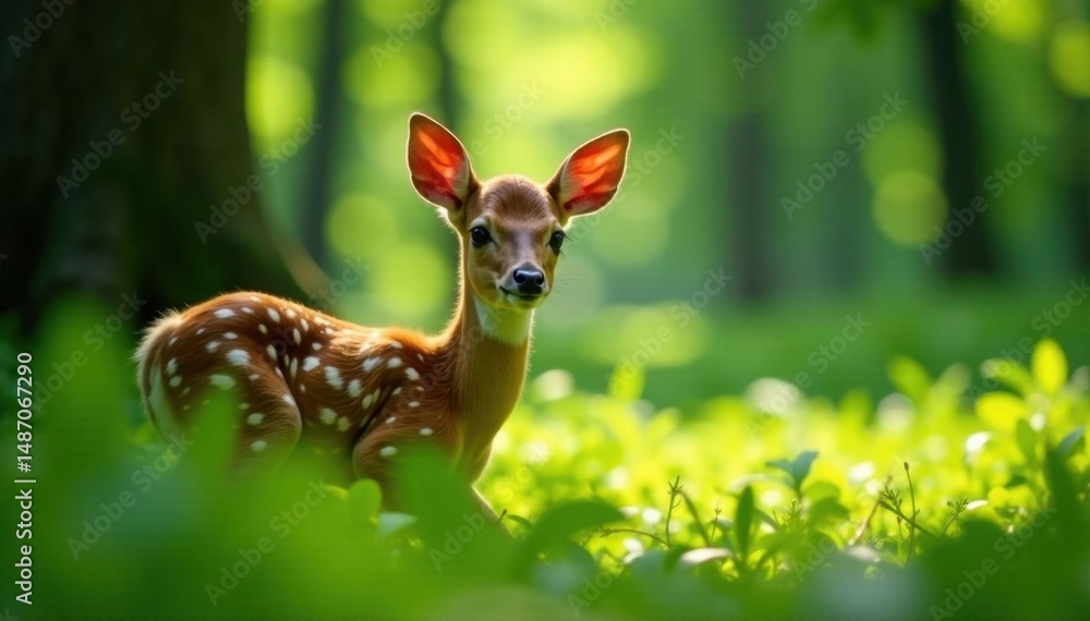 Young fawn hidden in dappled sunlight, lush green forest, woodland, brown Young fawn hidden in dappled sunlight, lush green forest, woodland, brown