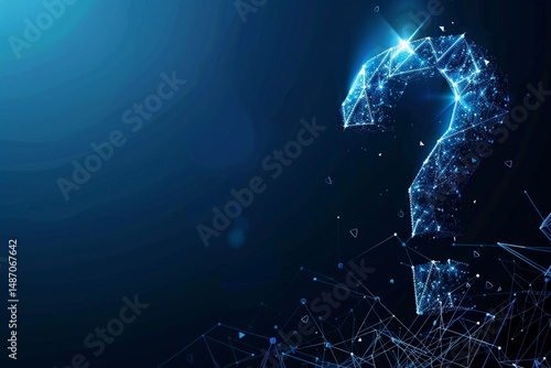 Virtual low poly hologram question mark with shine on digital dark blue background 