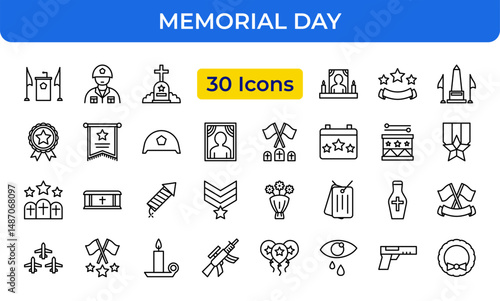 Memorial Day Line Editable Icons set. Vector illustration in modern thin line style of commemoration and remembrance related icons: soldier, flag, medal, grave, monument, wreath, and more.