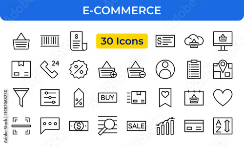 E-Commerce Icons Set. Modern thin line vector illustration of online store, shopping cart, buyer, goods, purchase, retail, digital payment, and order delivery outline pictograms isolated