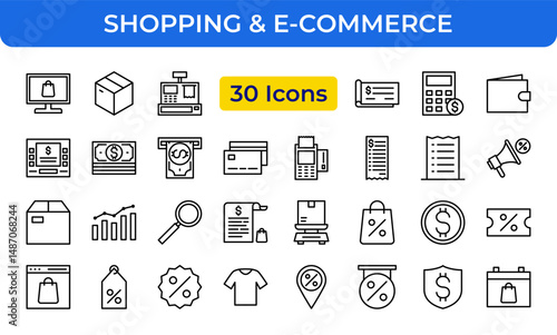 Shopping and E-commerce Line Editable Icons set. Vector illustration in modern thin line style of retail and online shopping related icons: cash register, ATM, credit card, delivery truck, discount