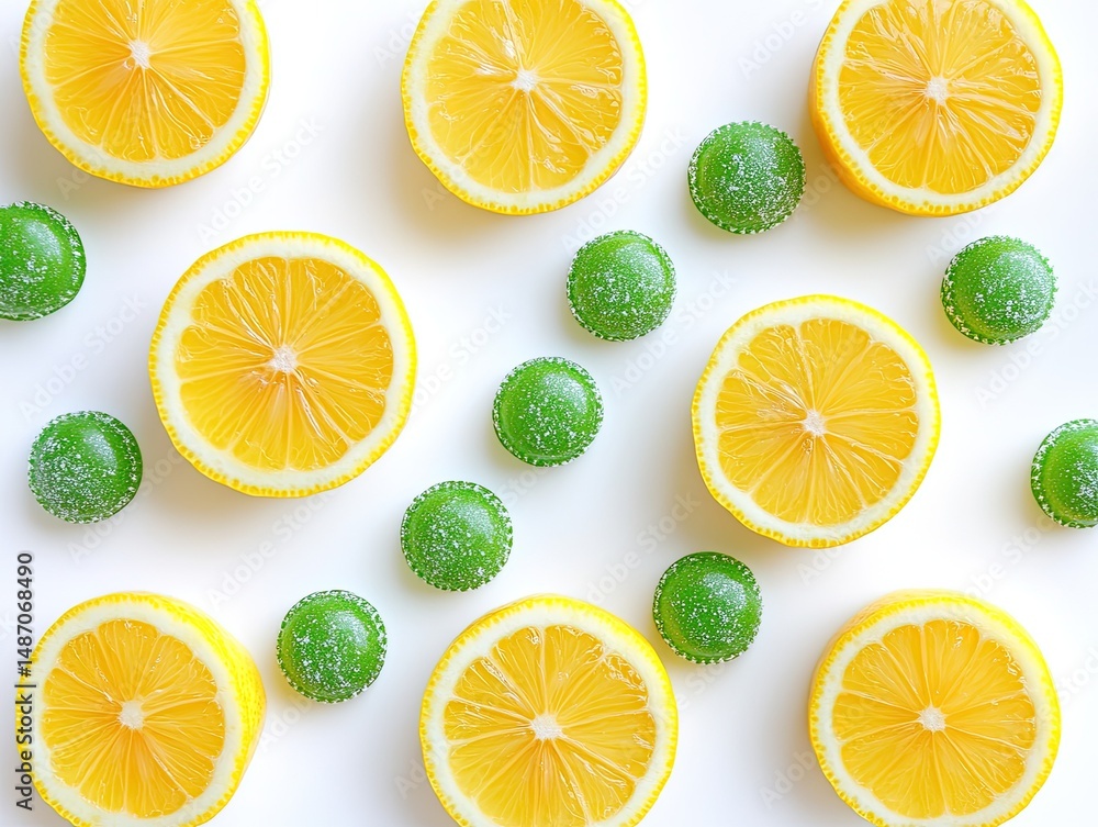Obraz premium Fresh lemon slices and green hard candies on a white background.