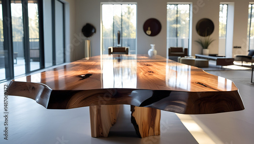 Exquisite Wood Table in a Contemporary Interior: A captivating wood table takes center stage in a modern interior space.
