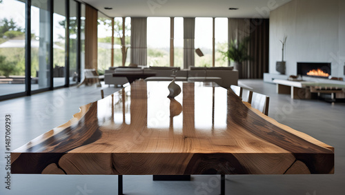 Modern Living Room Design: A sleek and minimalist living room features a stunning wood dining table with a natural live edge, surrounded by sleek white chairs.