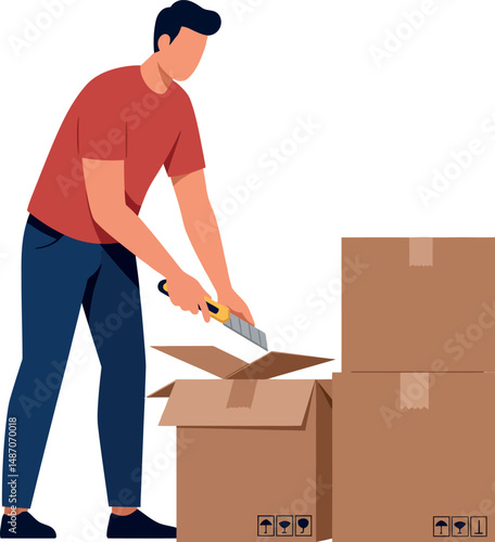 Man Opening Cardboard Boxes Using Cutter Knife in Moving or Packing Activity VECTOR Illustration 