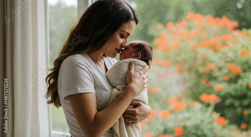 Tender Moment: A Mother's Loving Embrace of Her Newborn Baby by a Window with a Blurred Garden Background. High quality professional stock photo suitable for commercial use.