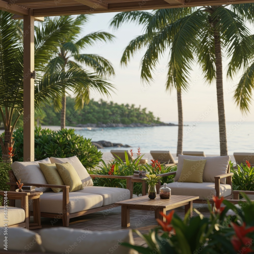 Fototapeta premium Tranquil Beachfront Lounge Setting with Palm Trees