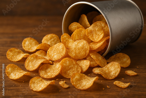 Crispy potato chips spill delight.