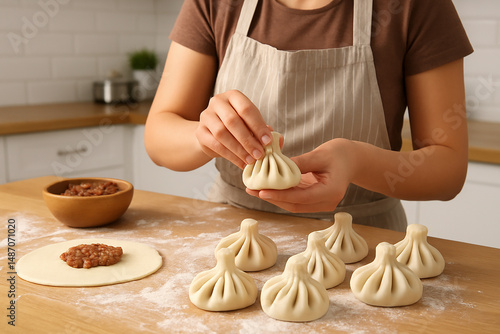 Woman hand making khinkali on the table in the kitchen
