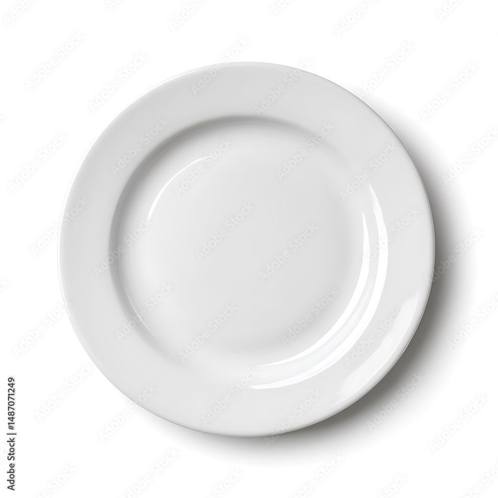 Blank ceramic dinner plate, top down, isolated white background Blank ceramic dinner plate, top down, isolated white background