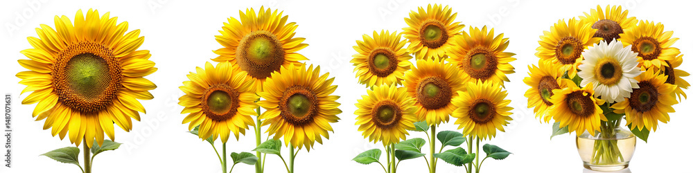 Obraz premium Sunflower Collection PNG Set - Yellow Floral Elements with Transparent Background for Graphic Design, Stationery, Wedding Invitations and Digital Collages