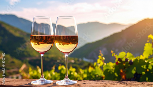 glass of white wine on mountains background