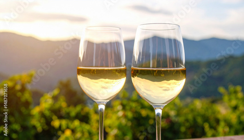 glass of white wine on mountains background