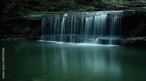 Tranquil waterfall cascading over mossy rocks into a still emerald pool