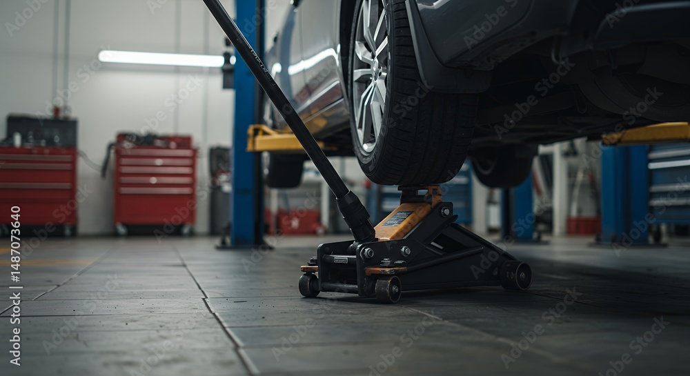 Fototapeta premium Car Raised on Jack in Garage Tire Visible Workshop Tools in Background