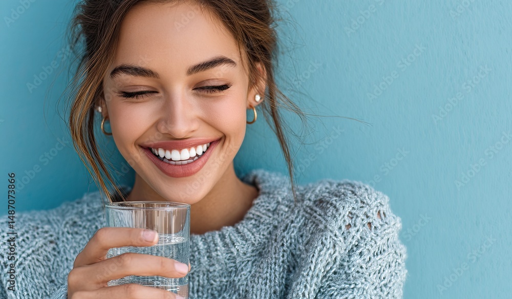 Close-up photo of a woman holding a glass of water, smiling and showing her teeth against a blue background. Close-up photo of a woman holding a glass of water, smiling and showing her teeth against a blue background.