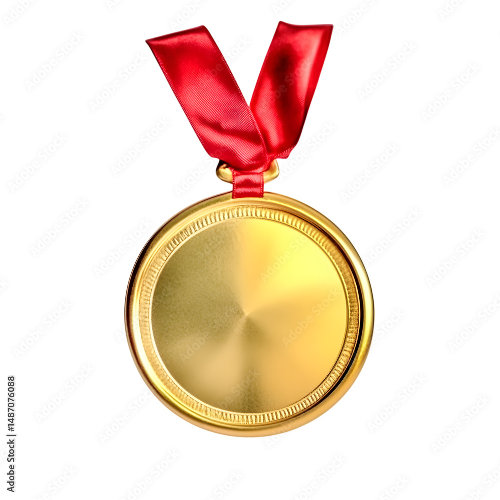 Blank gold medal on scarlet satin ribbon realistic vector illustration. Victory symbol award with copy space 3d object on white background. Ai Generated Images Blank gold medal on scarlet satin ribbon realistic vector illustration. Victory symbol award with copy space 3d object on white background. Ai Generated Images