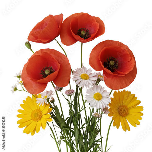Vibrant bouquet of colorful wildflowers including poppies and daisies