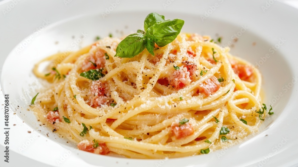 Delicious spaghetti with tomato, basil and parmesan cheese in white plate. Showcase culinary art for restaurant menus or healthy food blogs. Delicious spaghetti with tomato, basil and parmesan cheese in white plate. Showcase culinary art for restaurant menus or healthy food blogs.