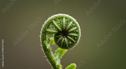 Closeup of a Fiddlehead Fern Emerging with Intricate Spiral Patterns and Soft Texture