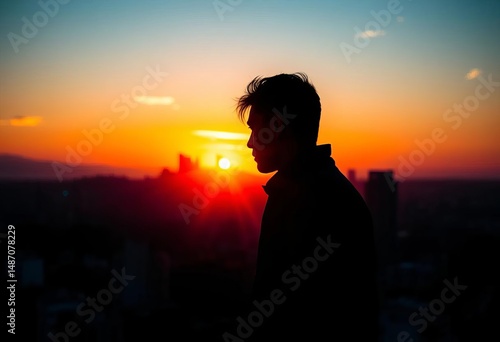 Silhouette of a determined figure against a vibrant cityscape at sunrise, challenge, hope