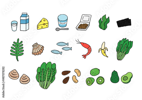 ミネラルを含む食べ物の手描きイラストセット