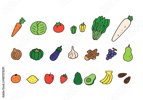 ビタミンを含む主な食べ物の手描きイラストセット