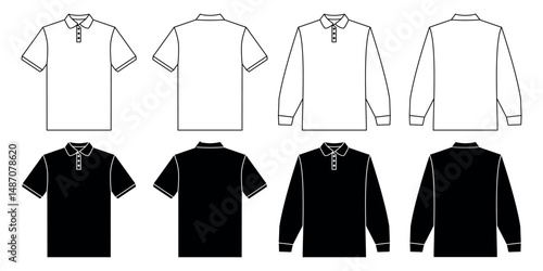 Short and long sleeve polo shirts. Front and back view of the shirt