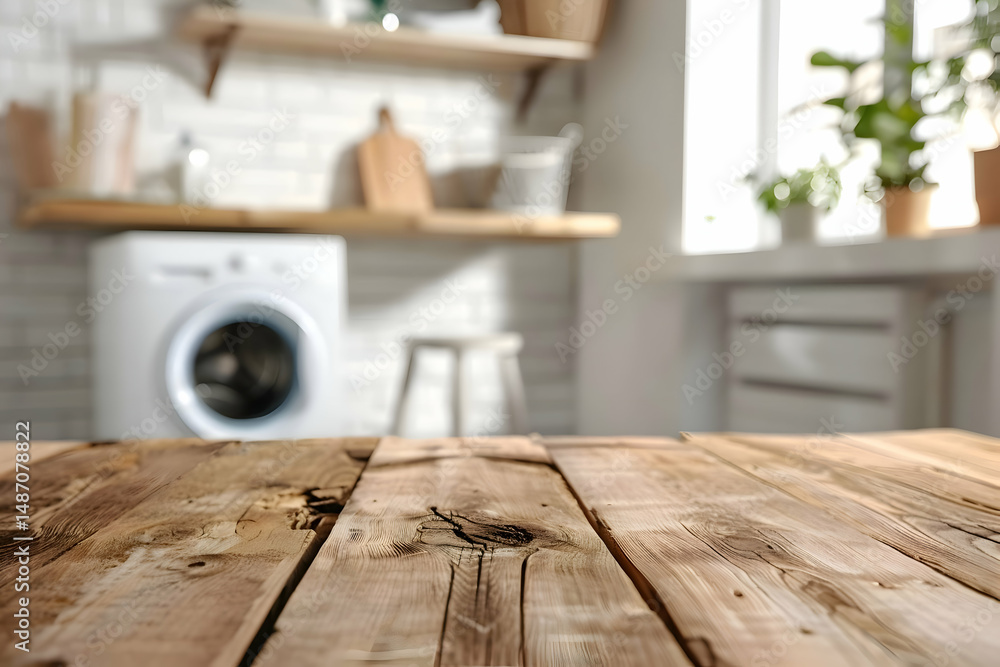 Empty wooden table top with smooth, blurred laundry room background Empty wooden table top with smooth, blurred laundry room background