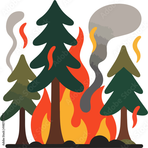 Flat Vector Illustration of Pine Trees Burning in Forest Wildfire with Smoke and Flames