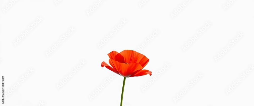 Obraz premium Single red poppy, elegant long stem, pure white background, simple beauty, simplicity, single flower