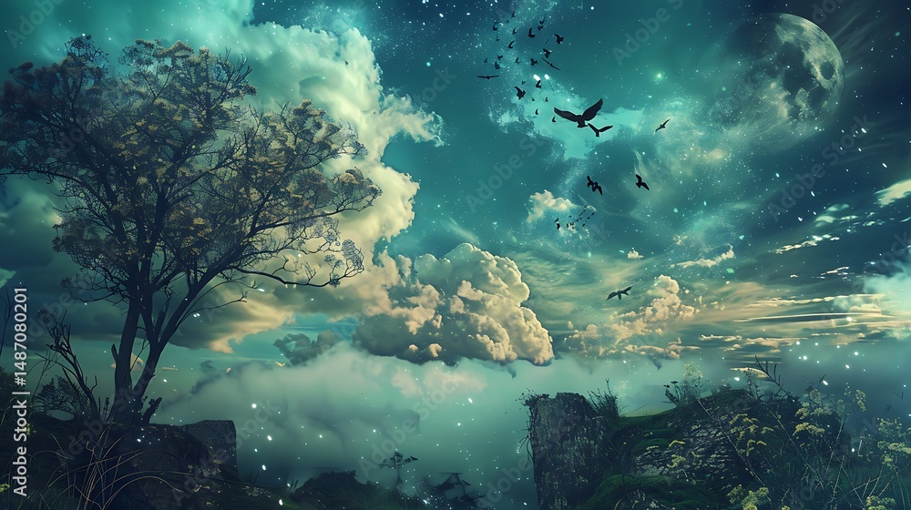 Naklejka premium Nocturnal Landscape Featuring Tree Silhouette Under Pixelated Sky With Birds and Moon