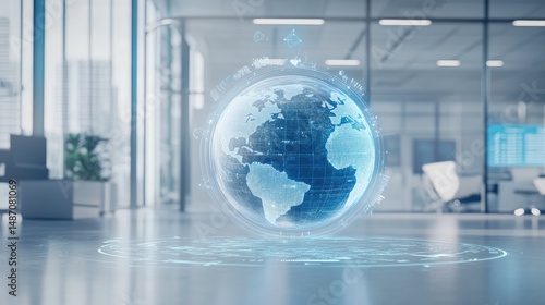 Holographic earth displayed in a modern office setting.