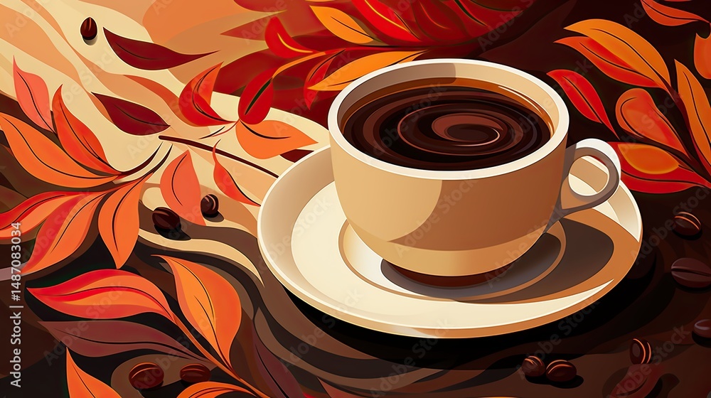 Obraz premium Cozy Autumn Coffee Cup Nestled Among Falling Leaves: A Warm and Relaxing Seasonal Drink Illustration with Rich Oranges and Browns 