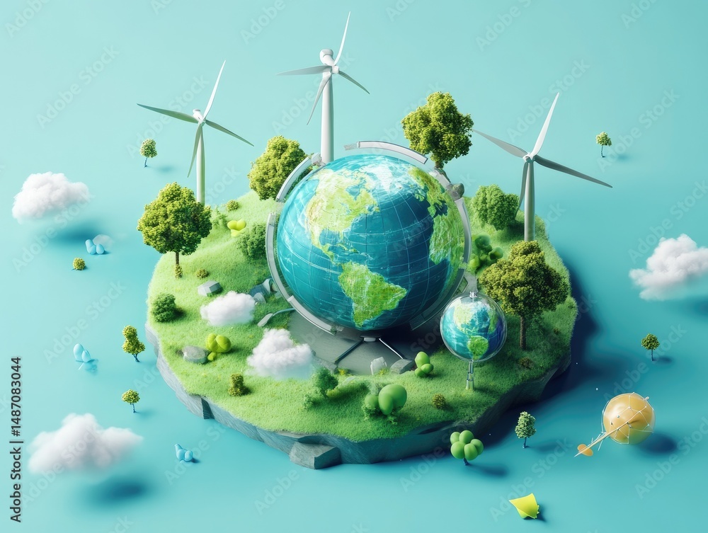 Naklejka premium Miniature earth surrounded by wind turbines, trees, and clouds, symbolizing sustainable energy.