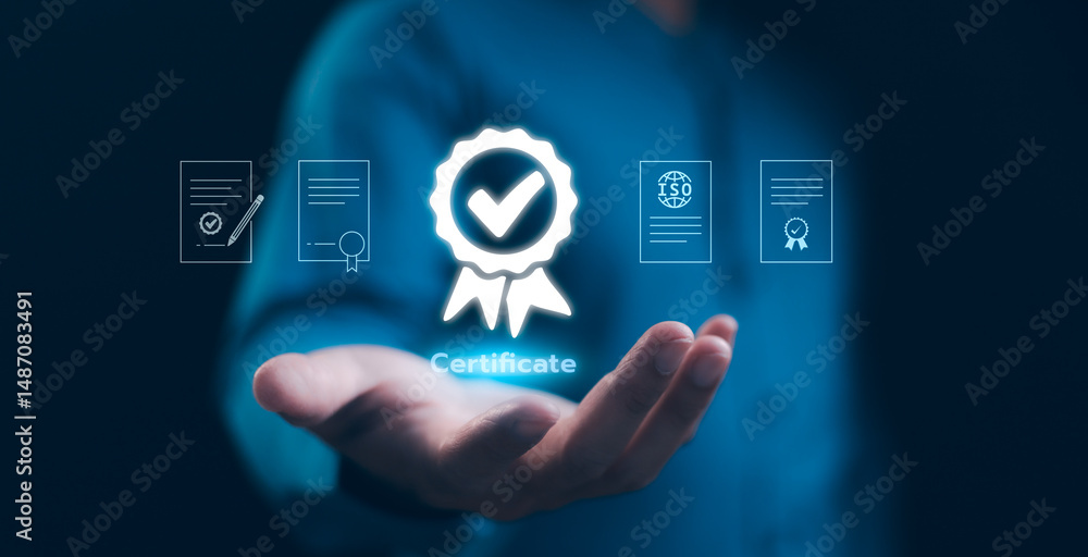 ISO 9001 standard for quality management of organizations with an auditor. Standard quality control certification assurance guarantee for automation process. Quality management, approve certificate.
